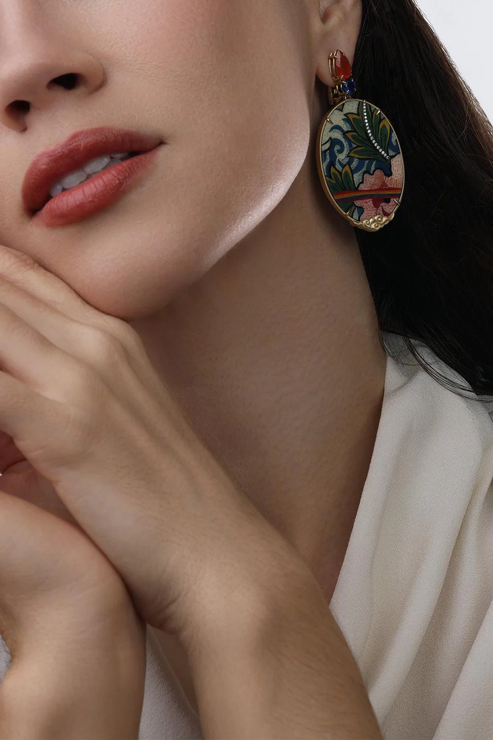 Tibetan Rainbow Oval Marquetry Earrings - Image 3