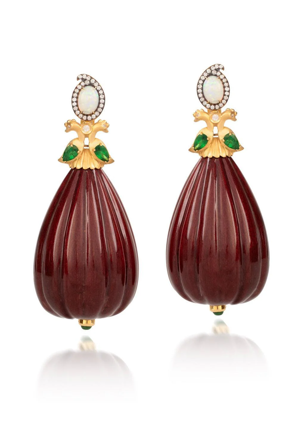 Tsavorite Opal Burgundy Lacquered Marquetry Wavey Teardrop Earrings