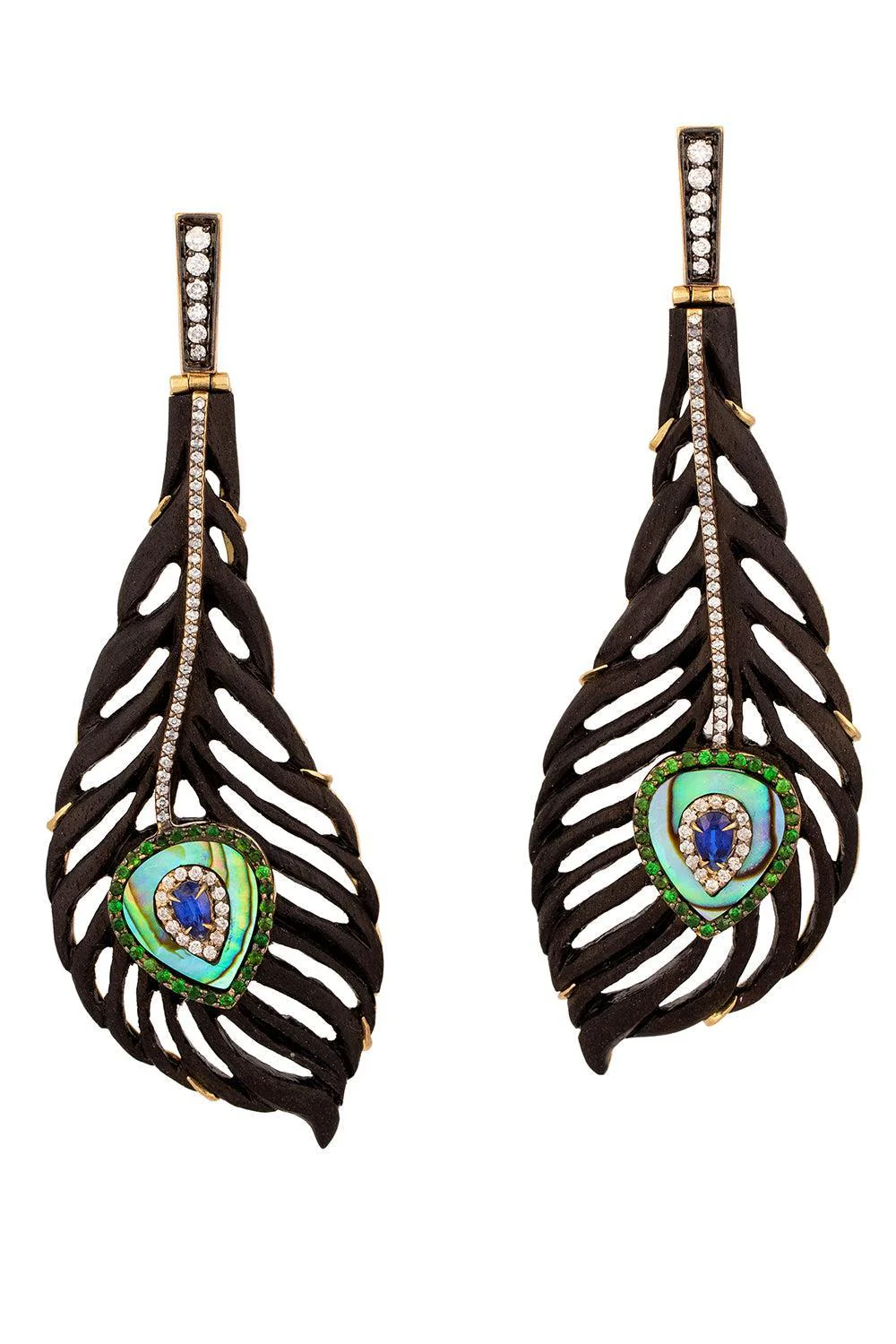 Tsavorite Peacock Carved Brauna Wood Earrings