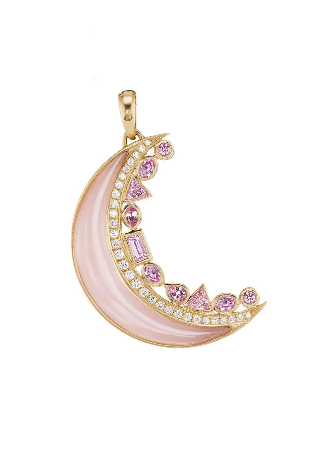 Pink Opal Pink Sapphire Crescent Moon Inlay Pendant