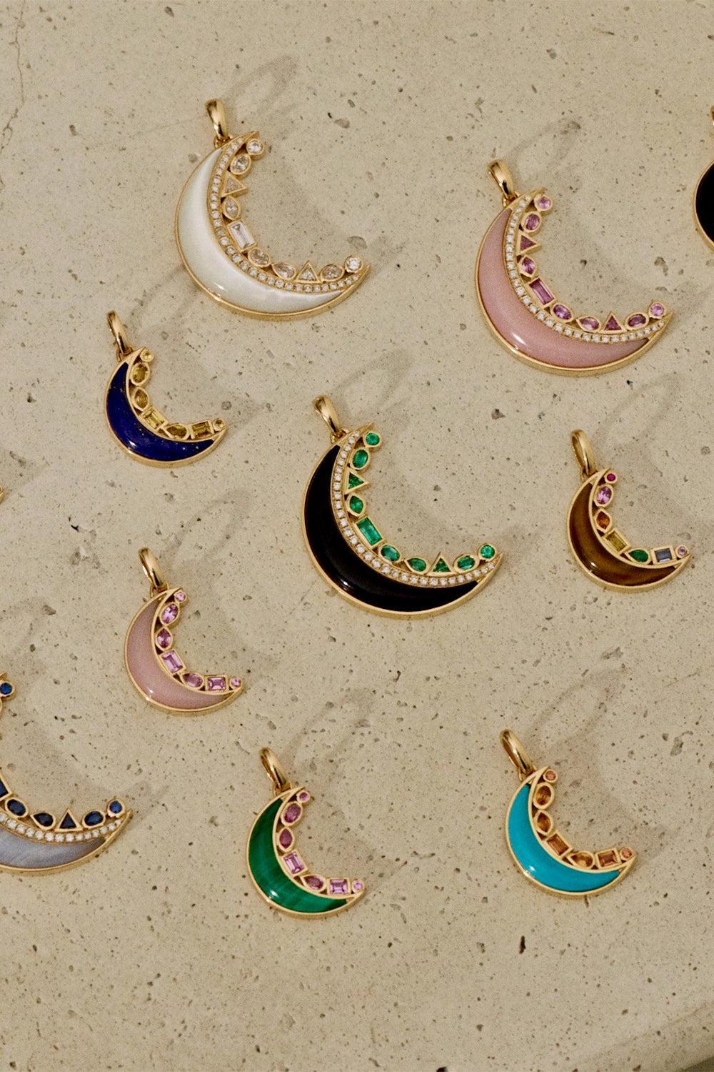 Lapis Yellow Sapphire Mini Crescent Moon Inlay Pendant - Image 3