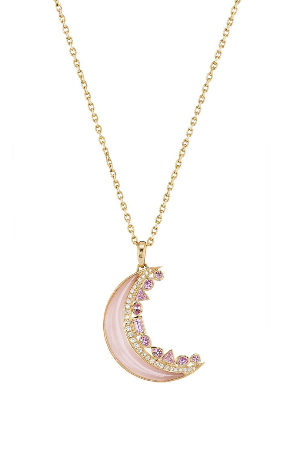 Pink Opal Pink Sapphire Crescent Moon Inlay Pendant - Image 4