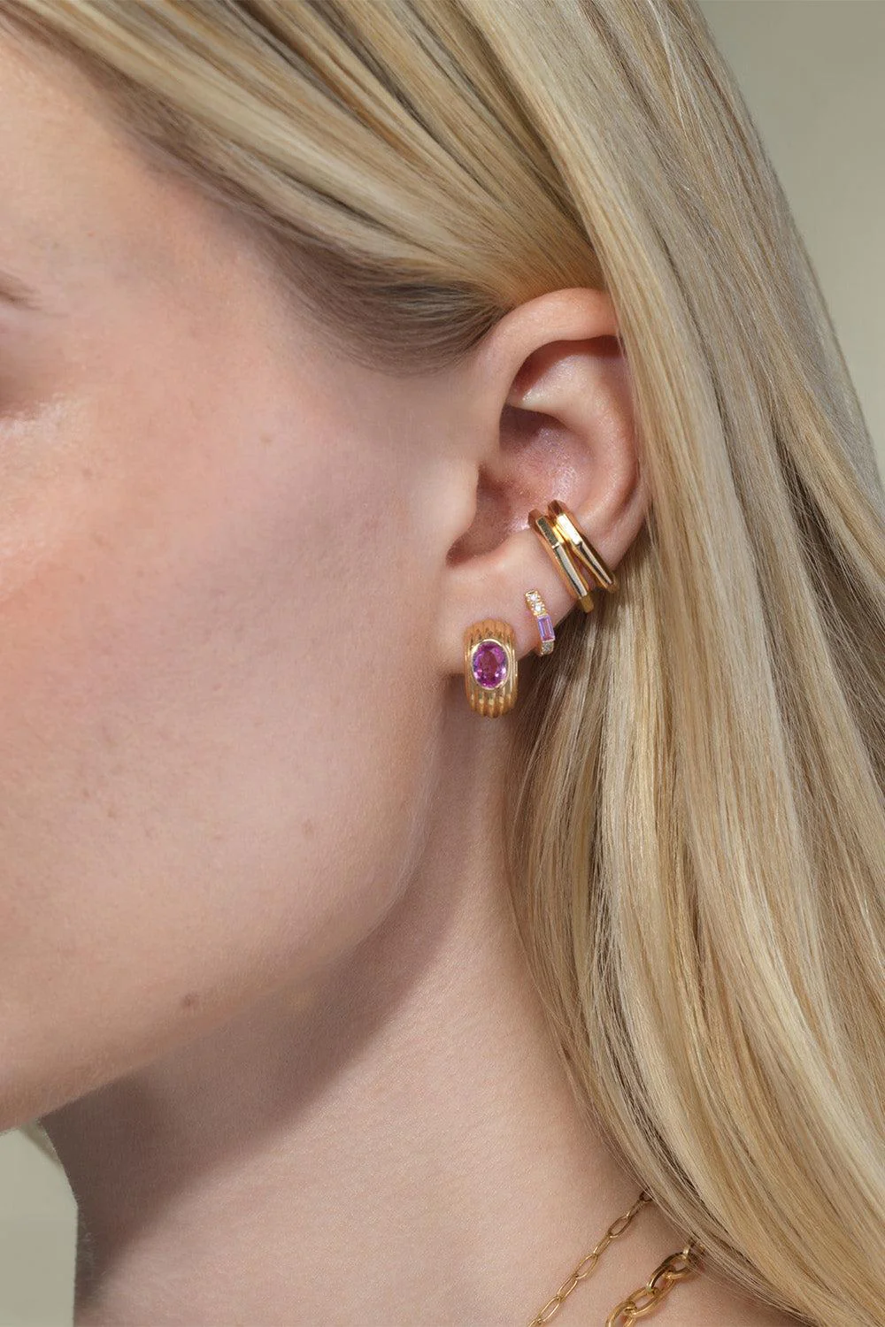 Pink Sapphire Nomad Gemstone Huggies Earrings - Image 2