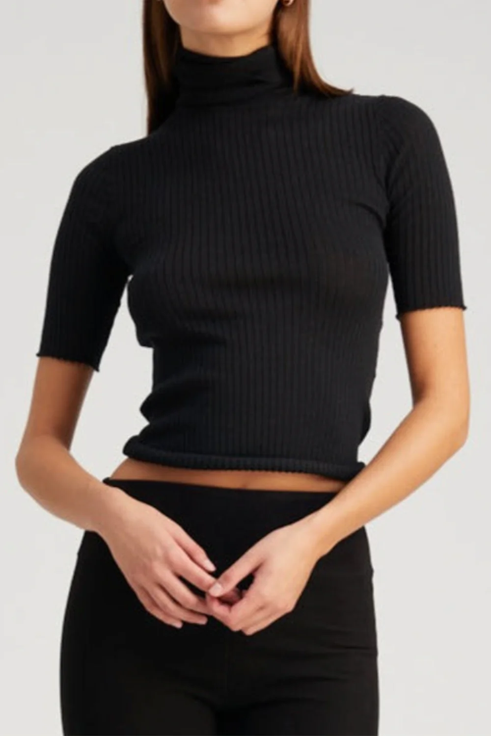 Short Sleeve Turtle Neck Top - Black - Image 4