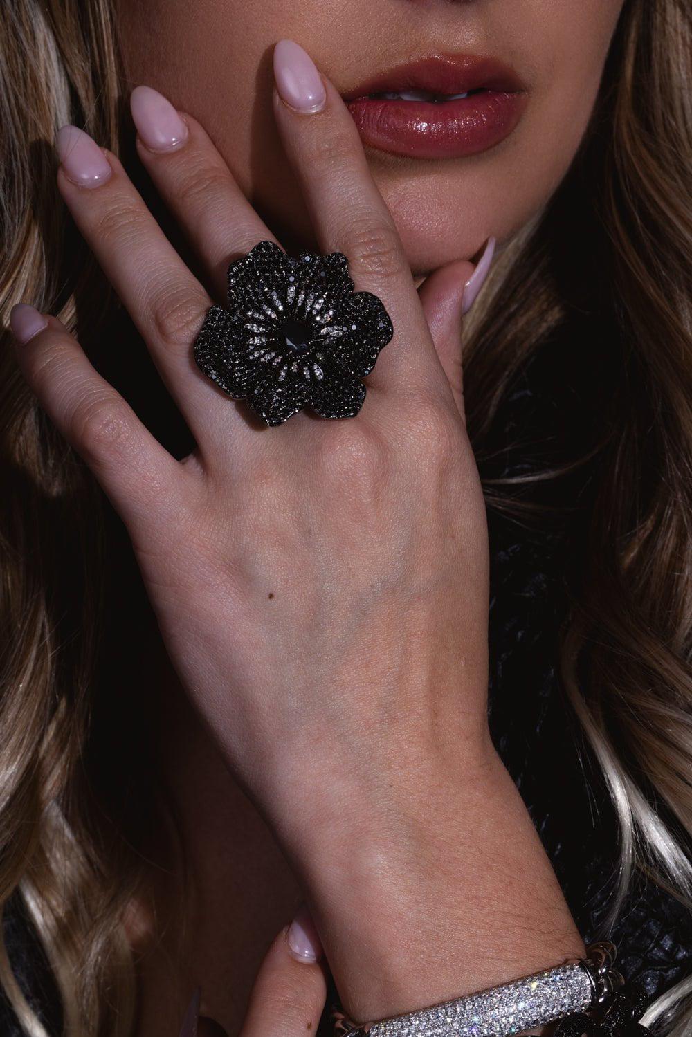 Black Diamond Hematite Flower Ring - Image 3