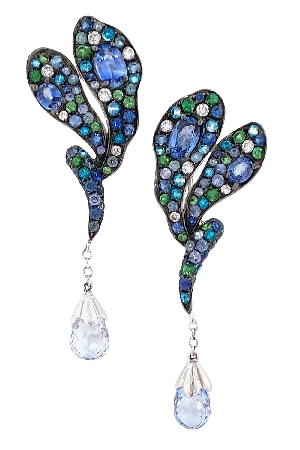 Blue Sapphire Diamond Garnet Drop Earrings