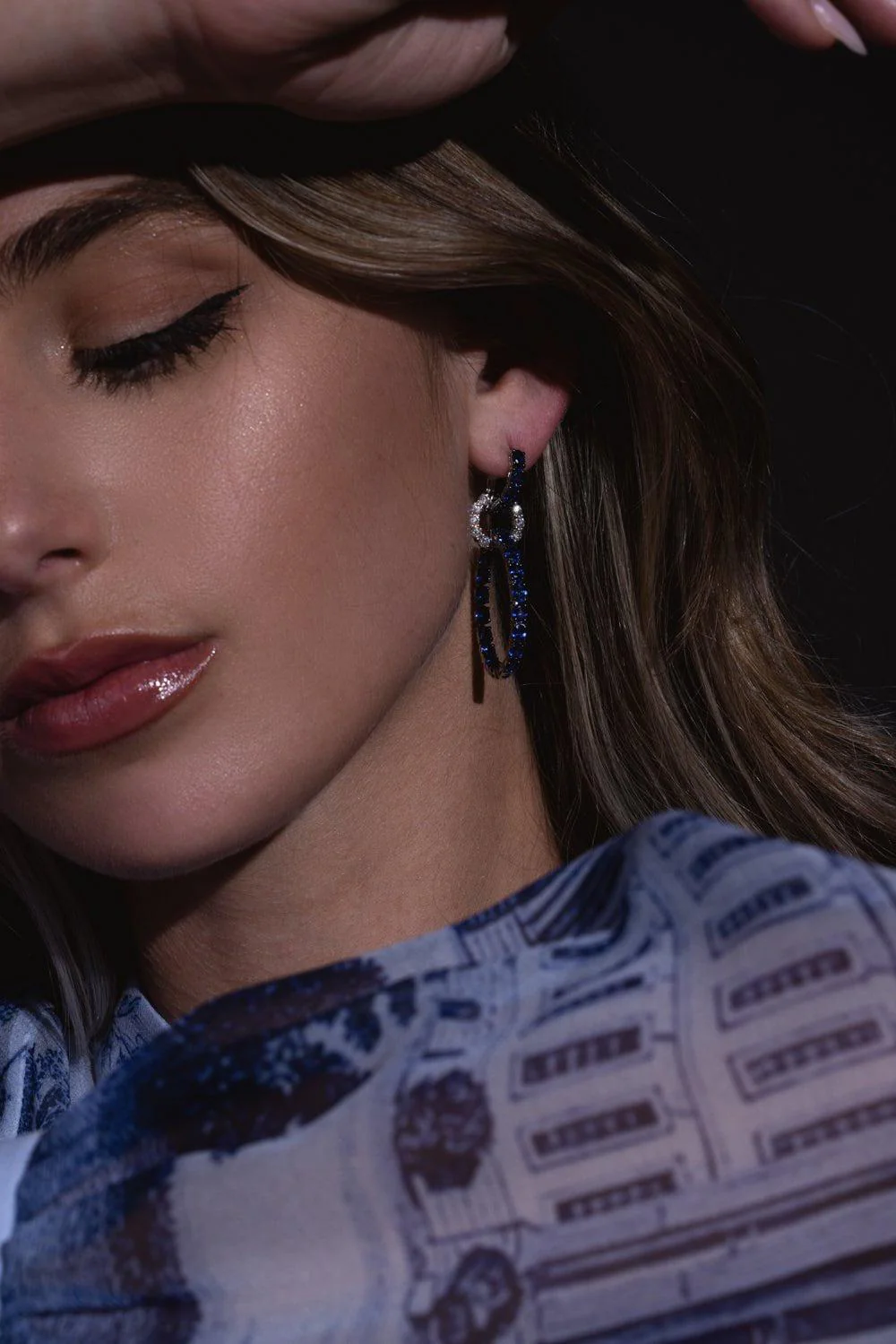 Blue Sapphire Diamond Hoop Drop Earrings - Image 3