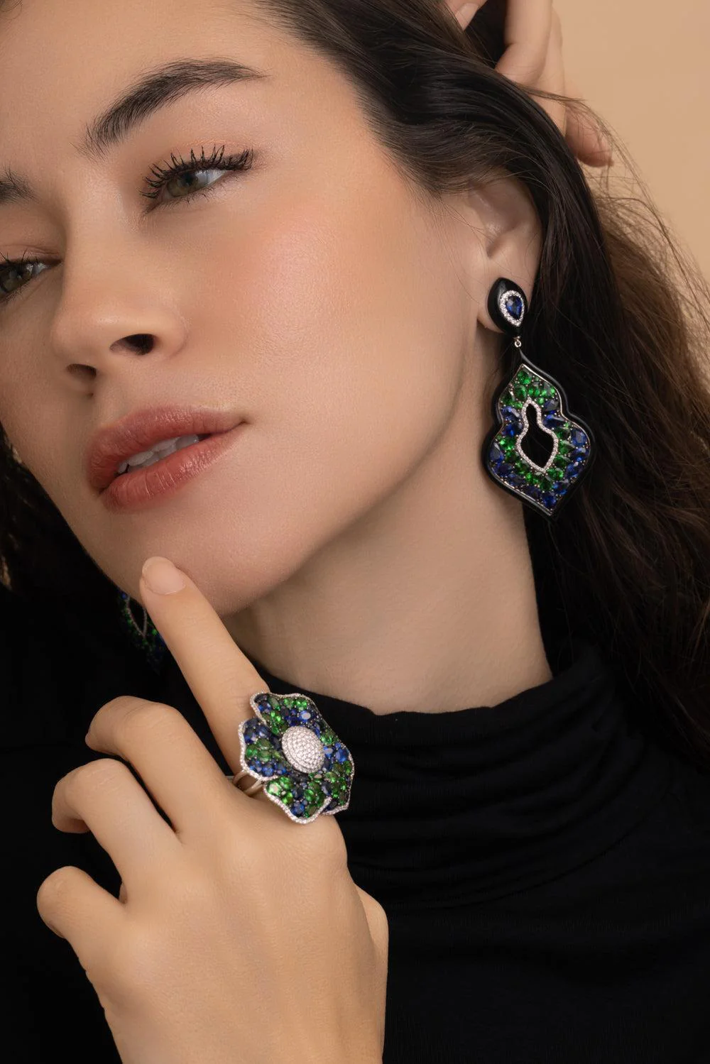 Blue sapphire Tsavorite Diamond Hoop Earrings - Image 2
