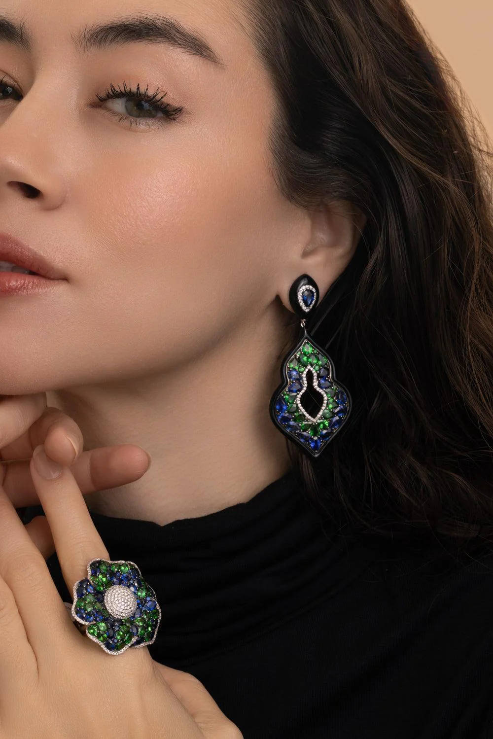 Blue sapphire Tsavorite Diamond Hoop Earrings - Image 3