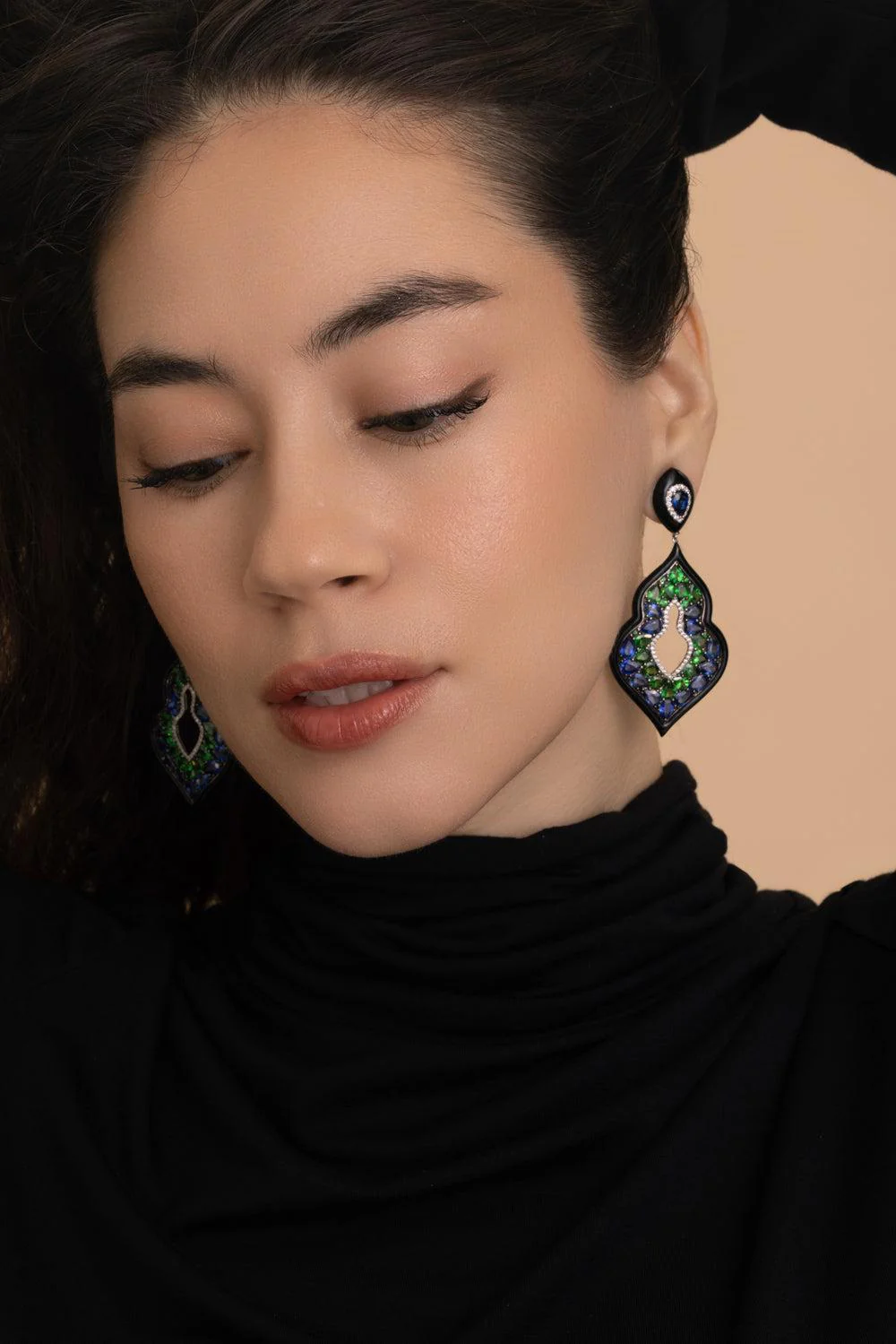 Blue sapphire Tsavorite Diamond Hoop Earrings - Image 4