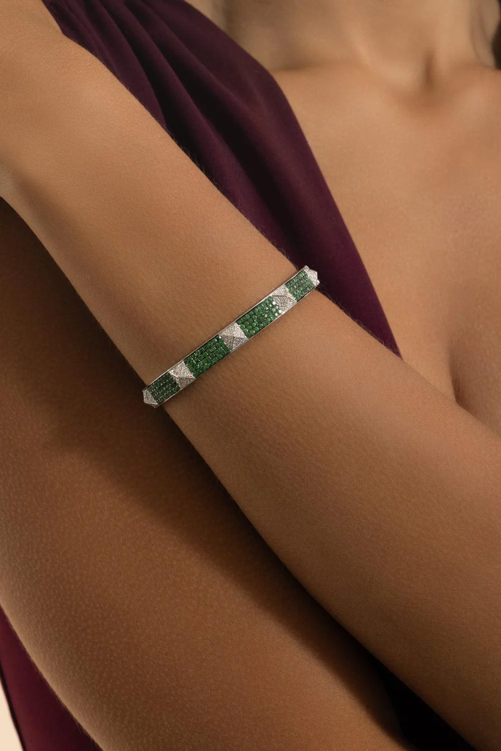 Diamond Tsavorite Spike Bangle Bracelet - Image 2