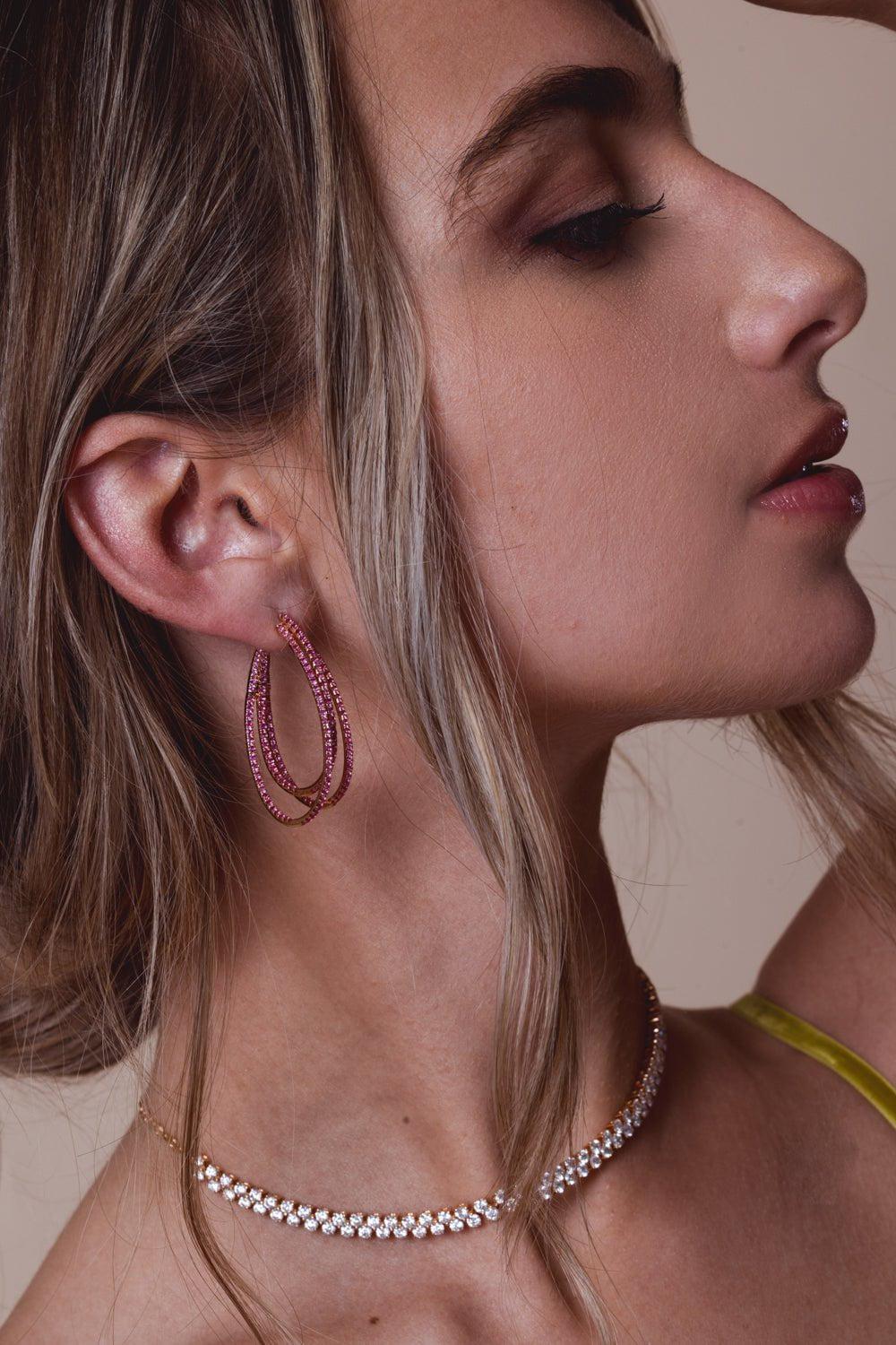 Pink Sapphire Triple  Hoop Earrings - Image 2