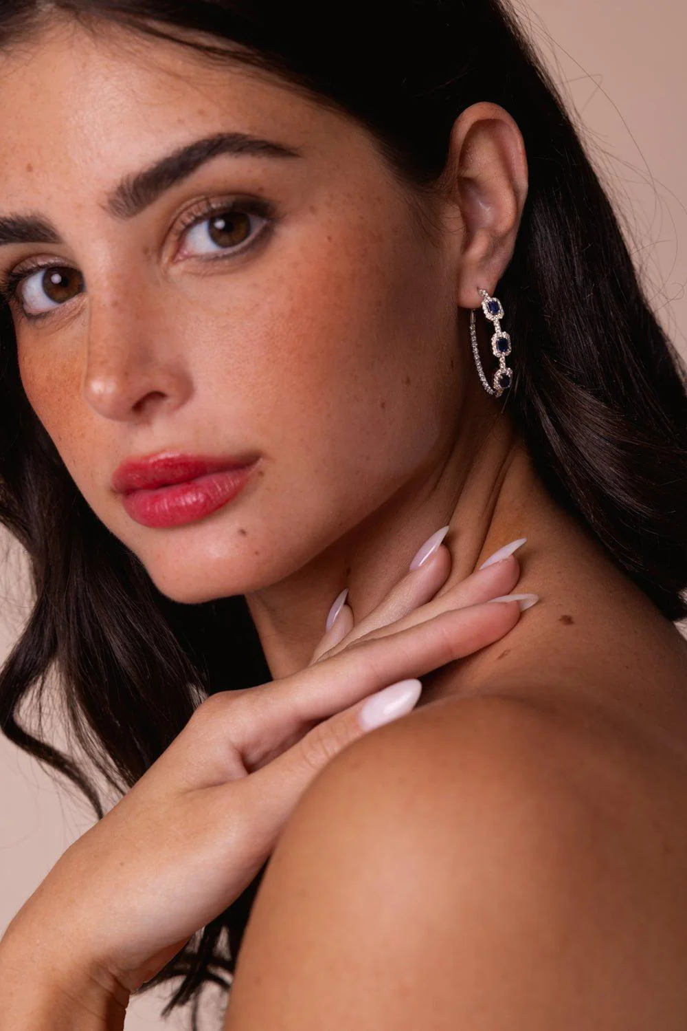 Square Diamond Sapphire Hoop Earrings - Image 2