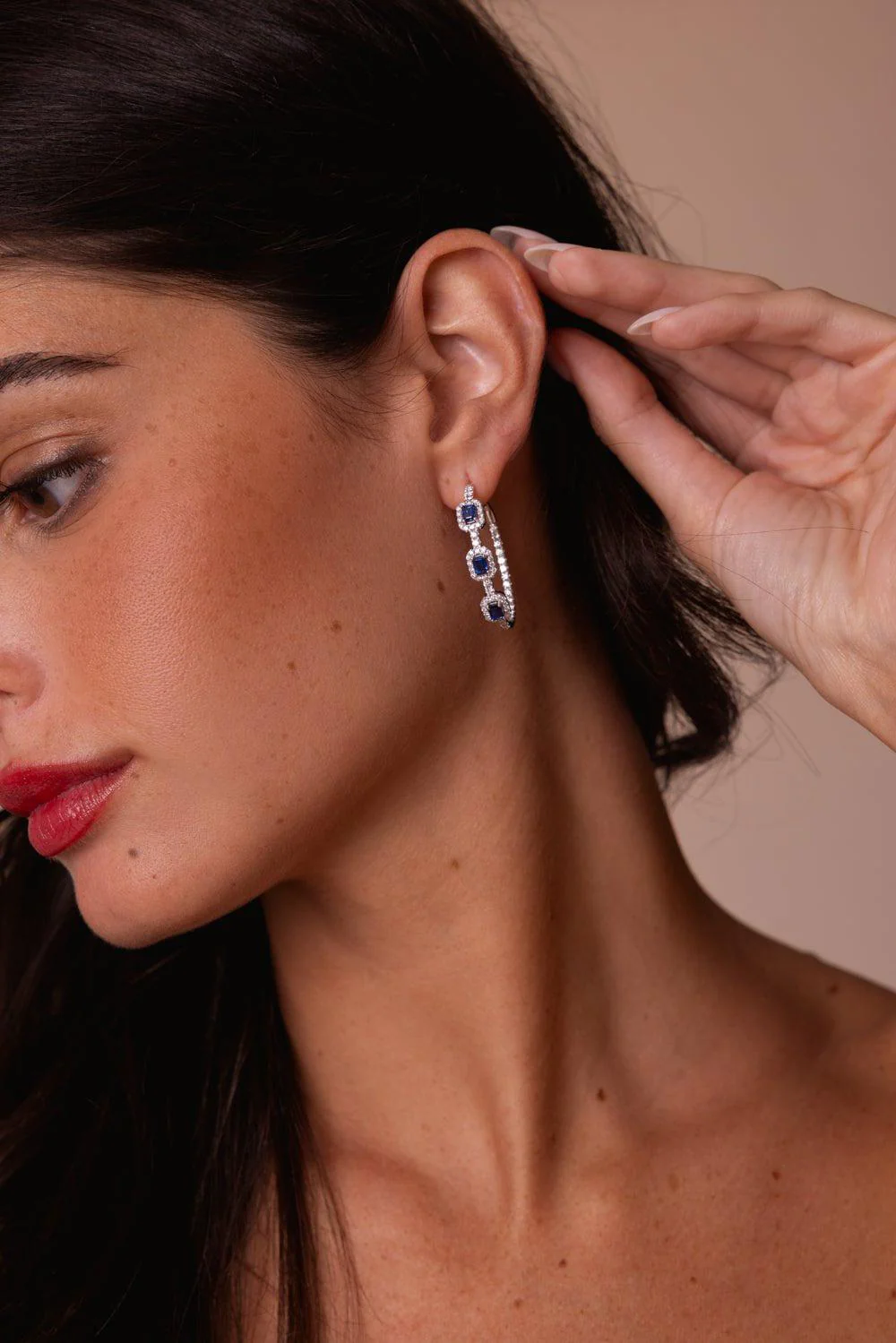 Square Diamond Sapphire Hoop Earrings - Image 3