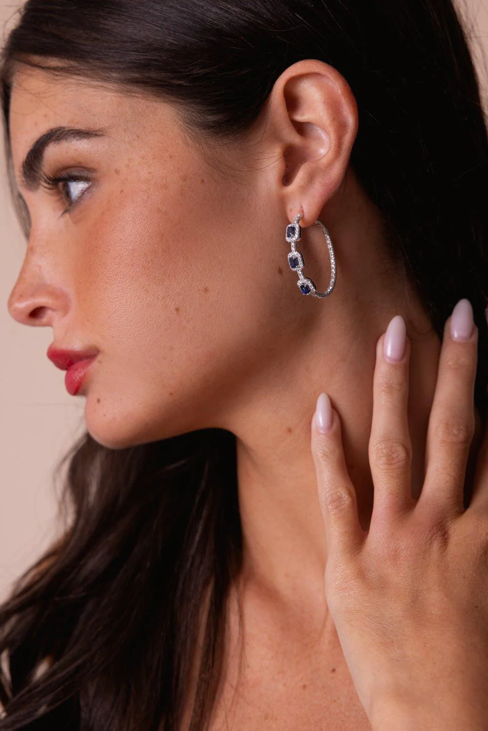 Square Diamond Sapphire Hoop Earrings - Image 4