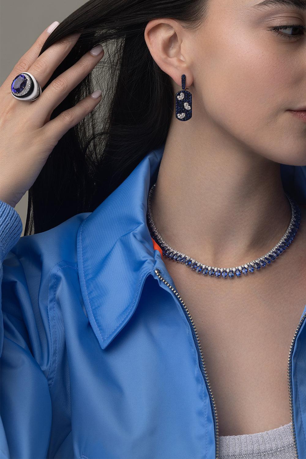 Blue Sapphire Diamond Heart Earrings - Image 3