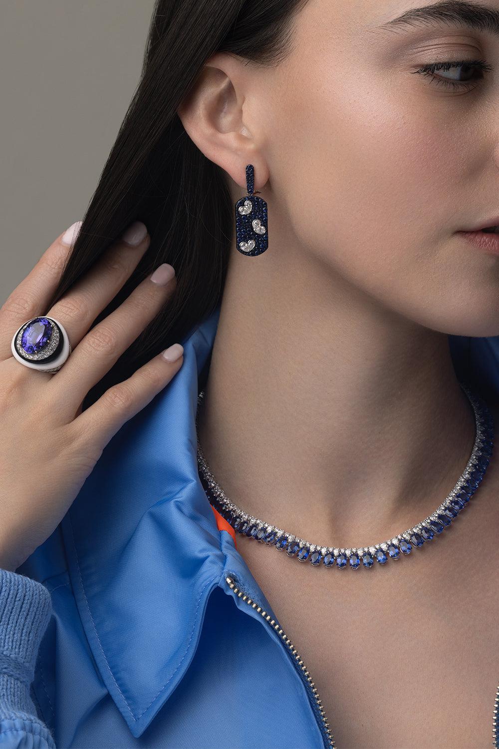 Blue Sapphire Diamond Heart Earrings - Image 4