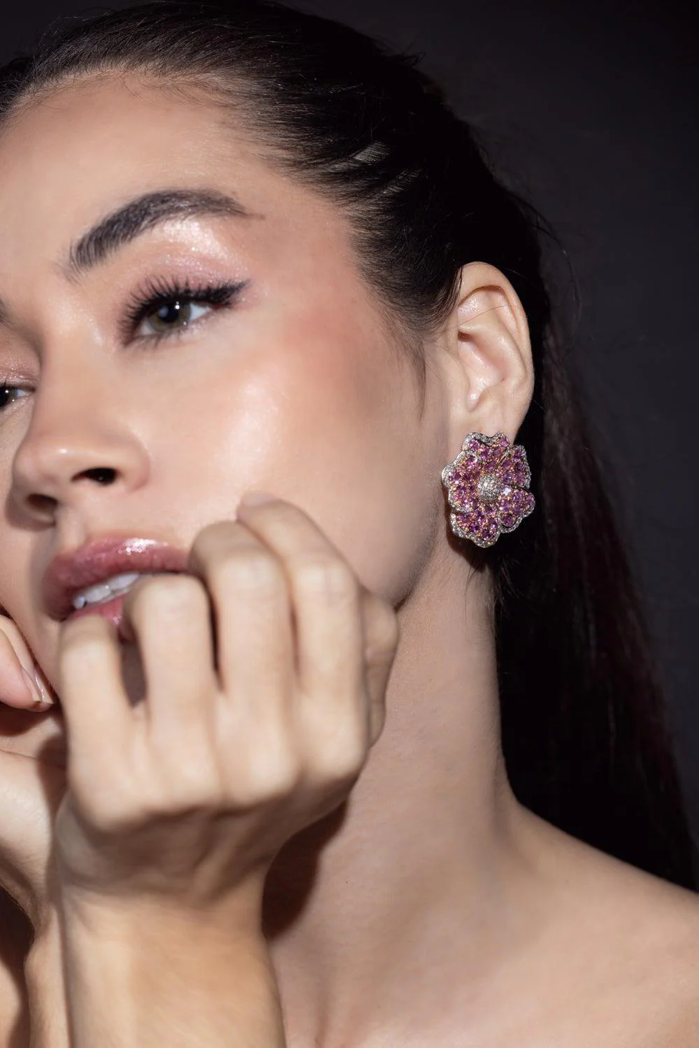 Pink Sapphire Flower Outline Earrings - Image 2