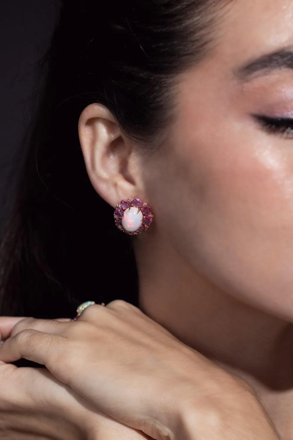 Pink Sapphire White Opal Earrings - Image 2