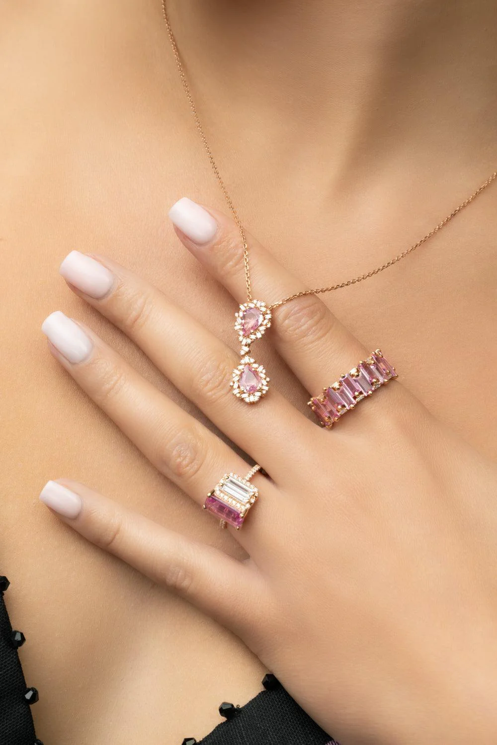 Dark Pink Sapphire Double Drop Necklace - Image 3