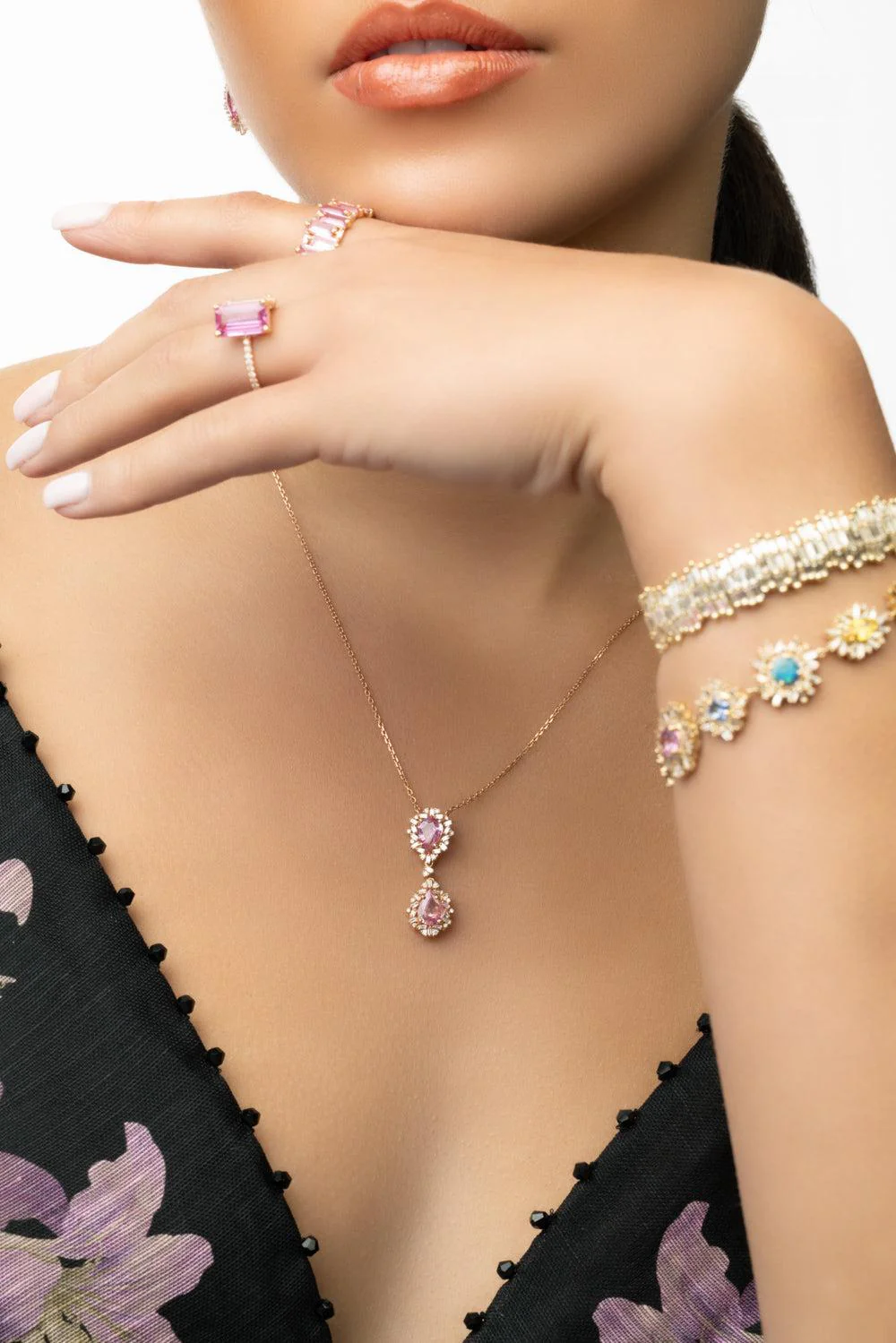 Dark Pink Sapphire Double Drop Necklace - Image 4