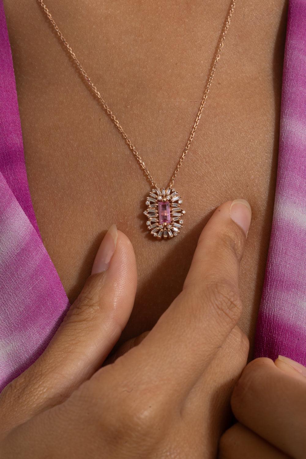 Pink Sapphire Diamond Spark Pendant Necklace - Image 4