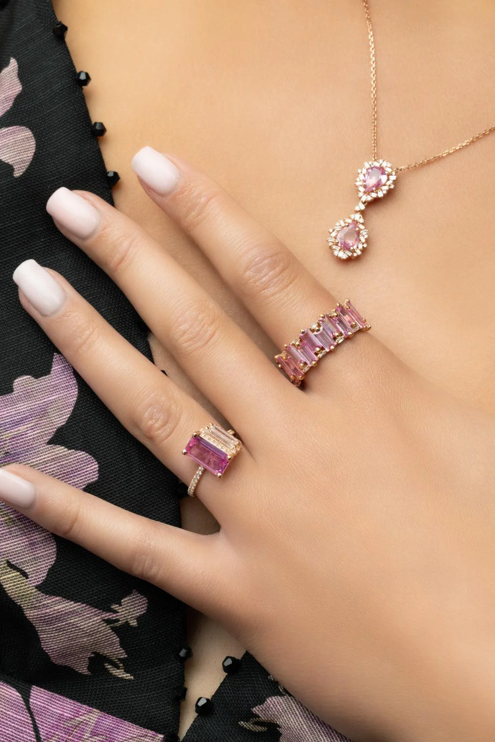 Pink Sapphire Diamond Triple Tower Ring - Image 3