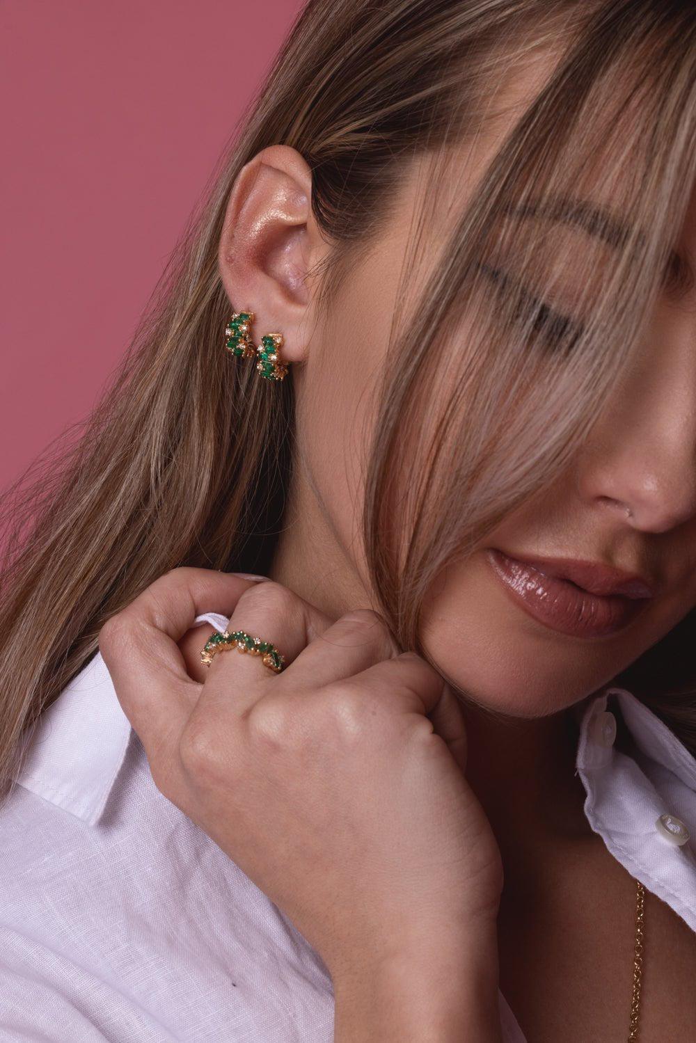 Shimmer Emerald Mini Hoop Earrings - Image 3