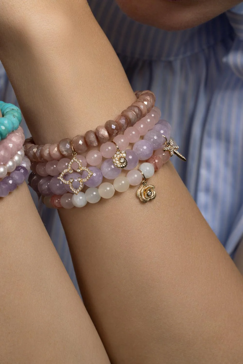 Pink Moonstone Moroccan Flower Charm Bracelet - Image 2