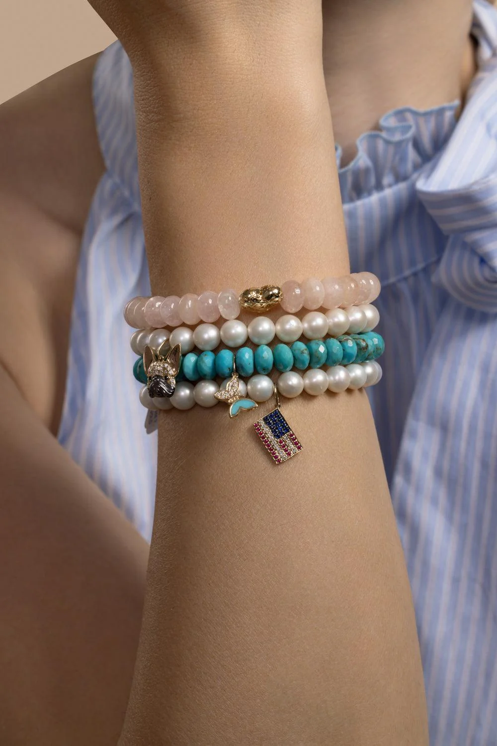 Rose Quartz Puffy Heart Charm Bracelet
