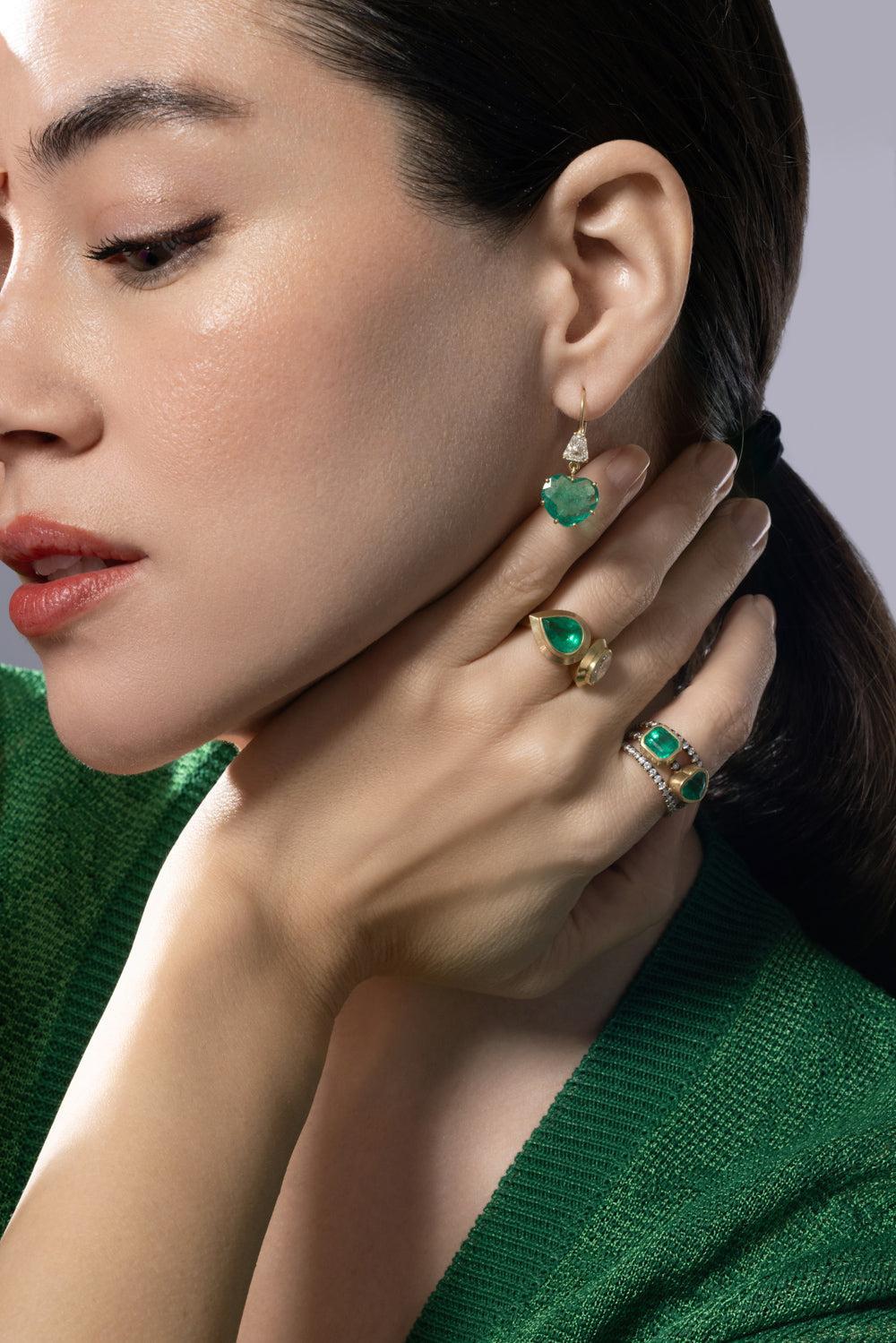 Diamond Emerald Heart Earrings - Image 2