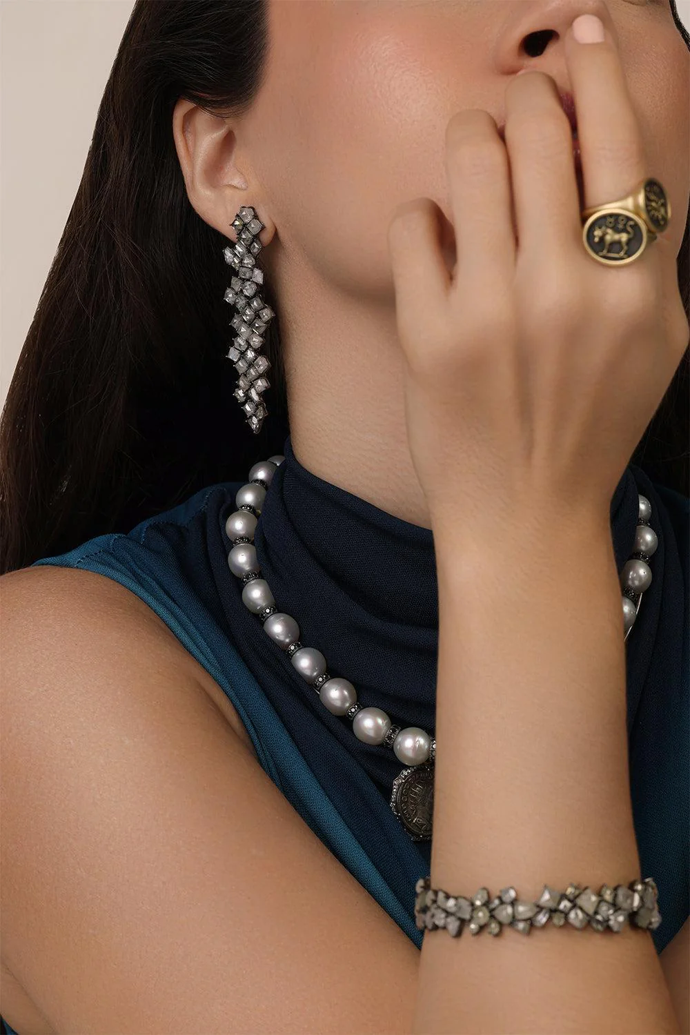 Grey Diamond Long Drop Earrings - Image 3