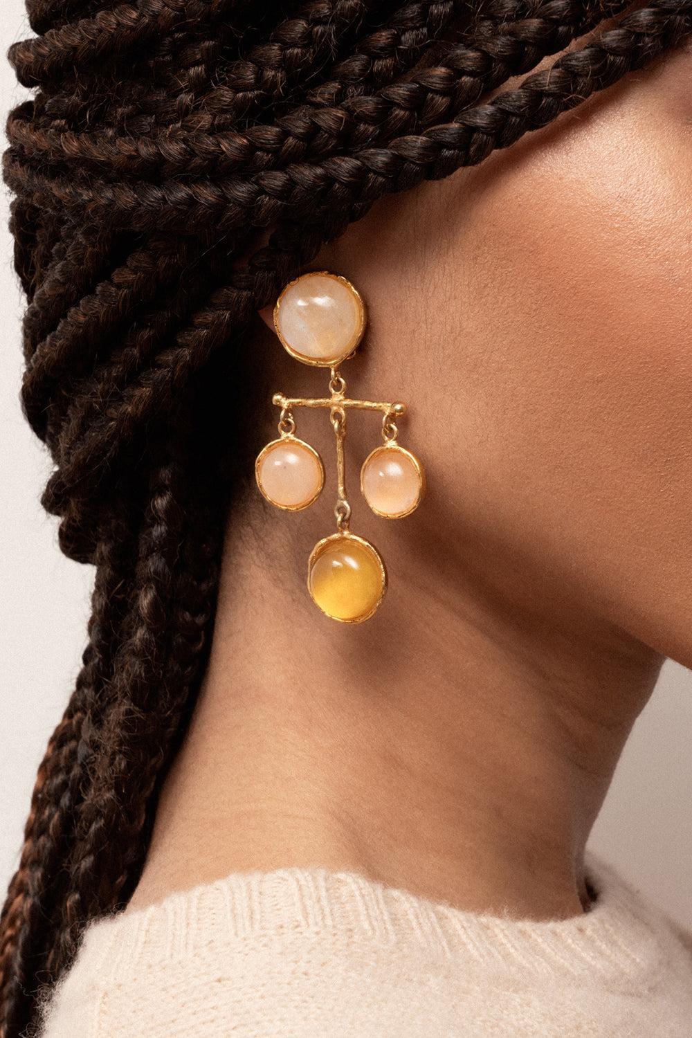 Moonstone Pink Quartz Yellow Onyx Earrings - Image 2