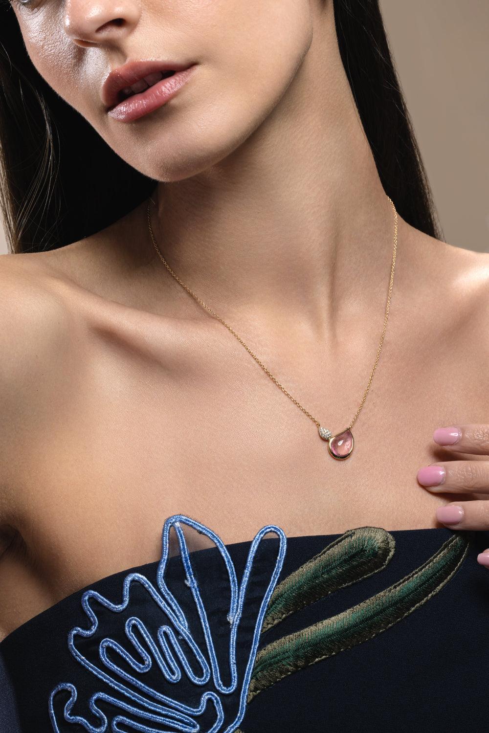 Rose Tourmaline Diamond Signature 2 Drop Necklace - Image 2