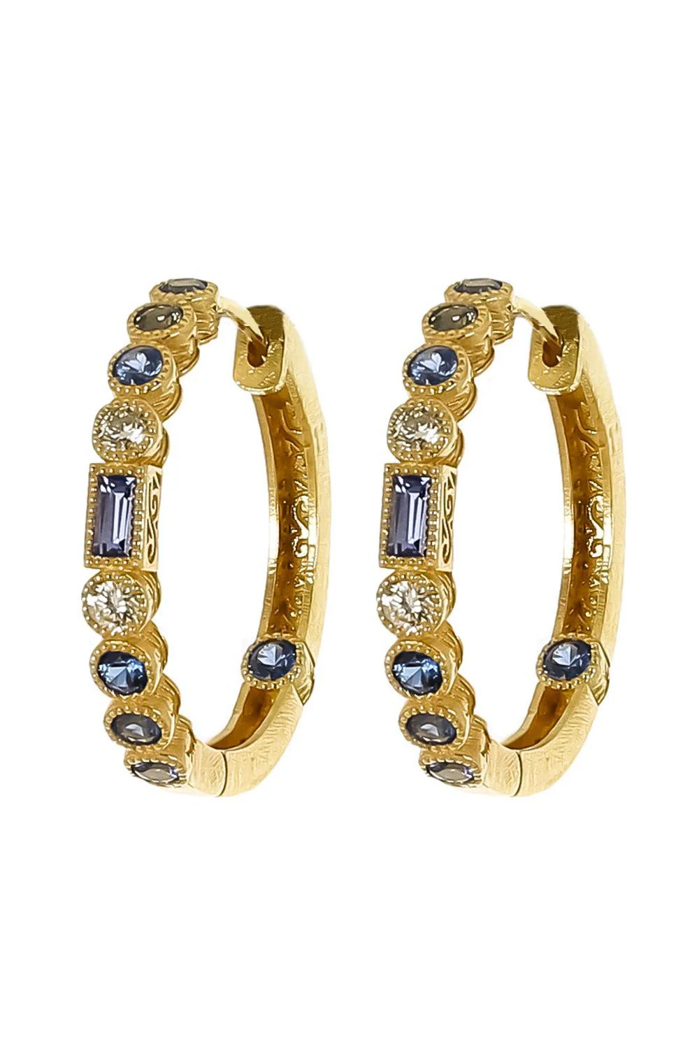 Blue Sapphire Modern Etruscan Bezel Hoop Earrings