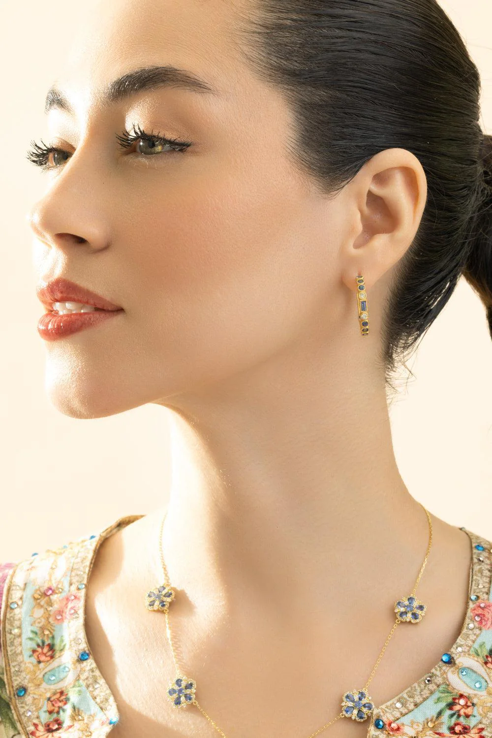 Blue Sapphire Modern Etruscan Bezel Hoop Earrings - Image 2