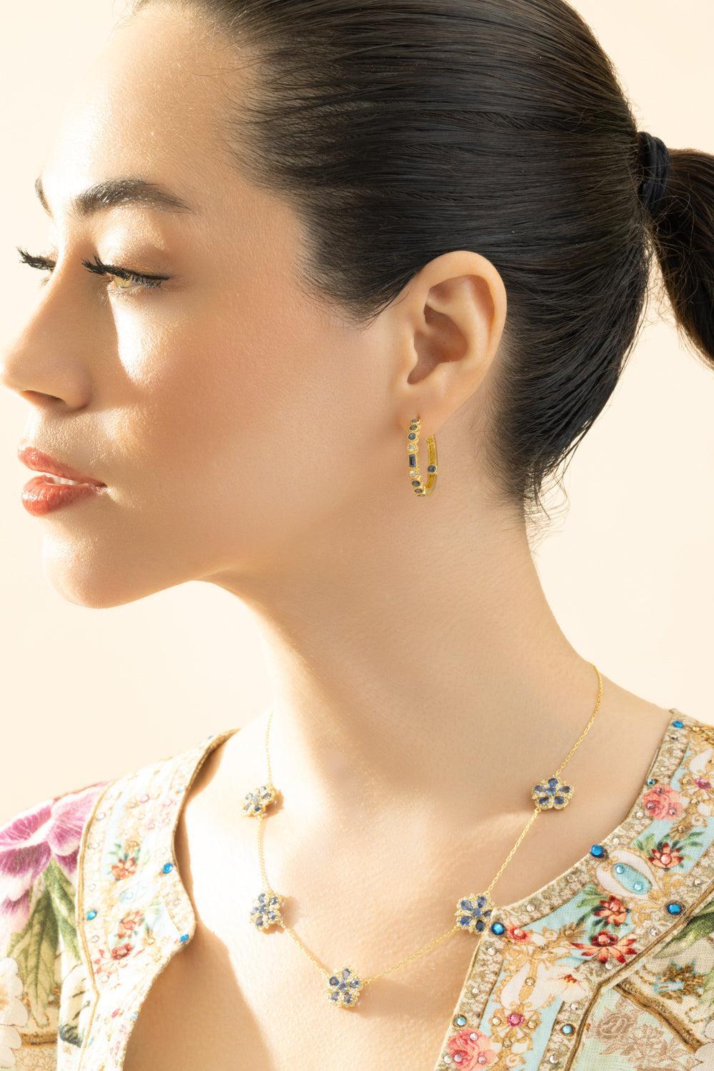 Blue Sapphire Modern Etruscan Bezel Hoop Earrings - Image 3