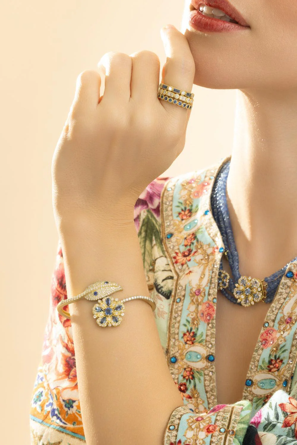 Ceylon Blue Sapphire Diamond Jasmine Bloom Flower Leaf Bypass Bangle Bracelet - Image 3