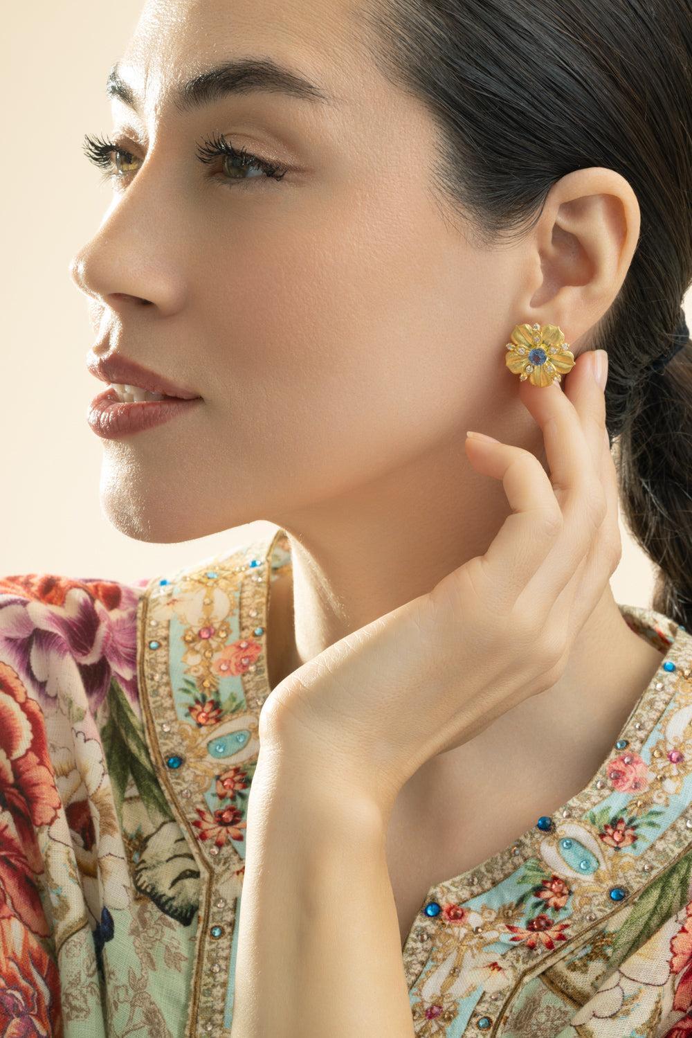 Ceylon Sapphire Diamond Jasmine Bloom Tala Earrings - Image 2