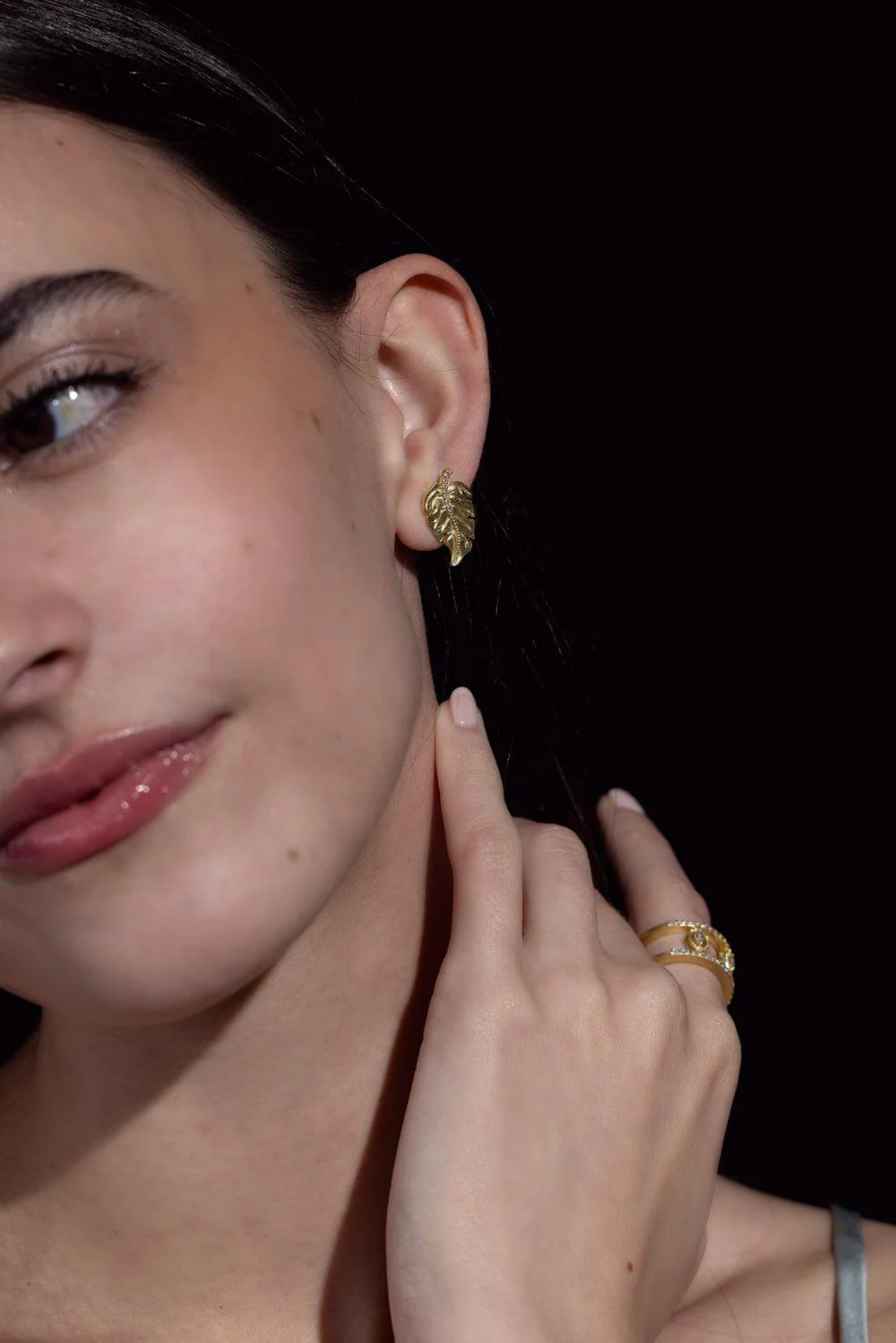Diamond Leaf Stud Earrings - Image 2