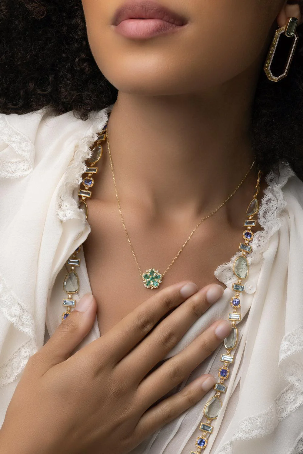 Jasmine Bloom Emerald Flower Necklace - Image 3