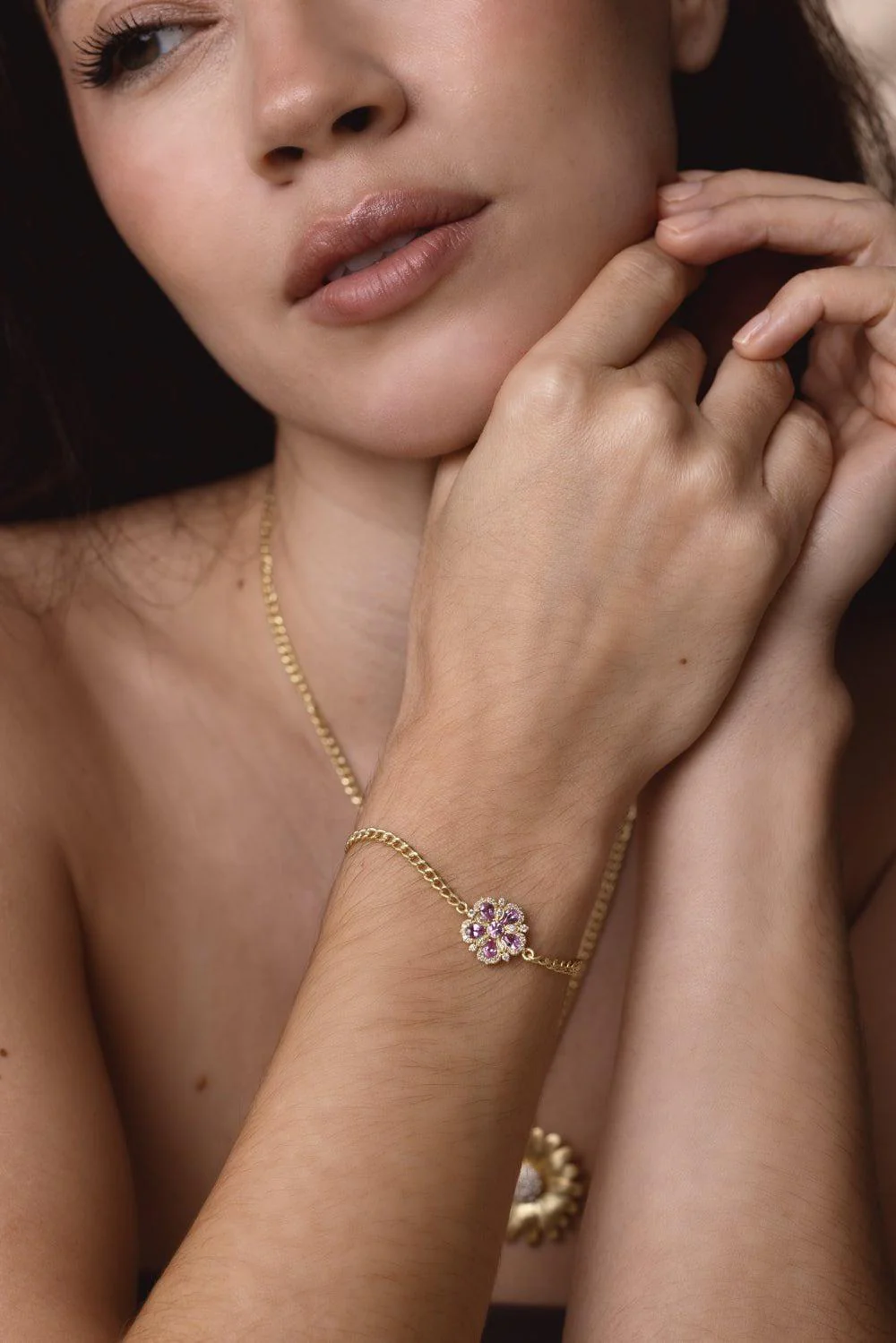 Jasmine Bloom Pink Sapphire Diamond Flower Station Bracelet - Image 2