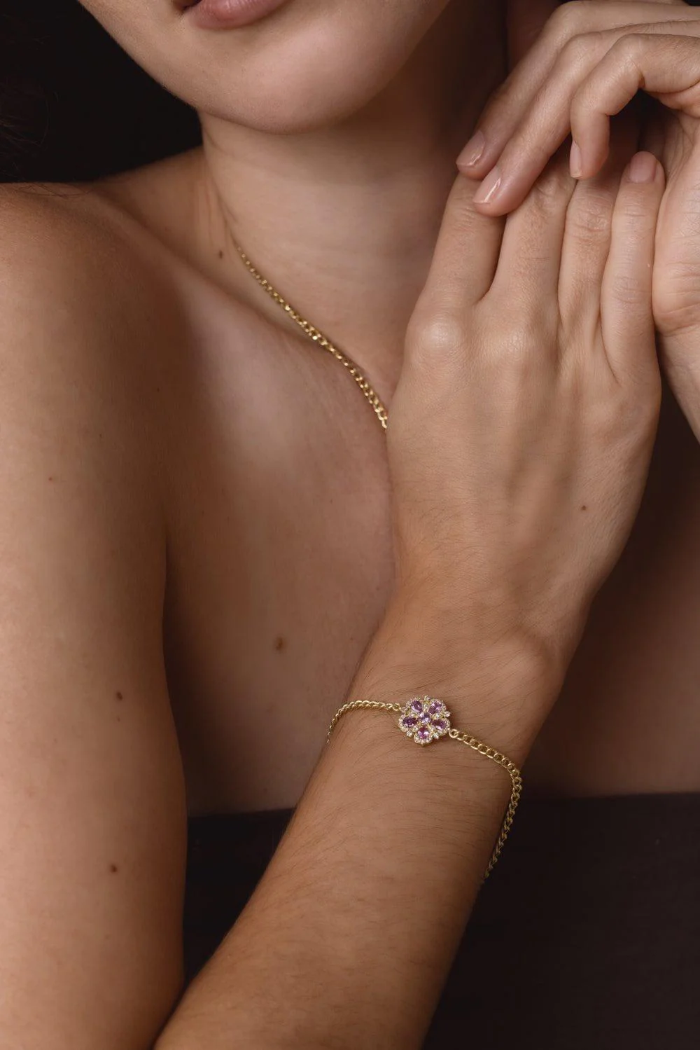 Jasmine Bloom Pink Sapphire Diamond Flower Station Bracelet - Image 4