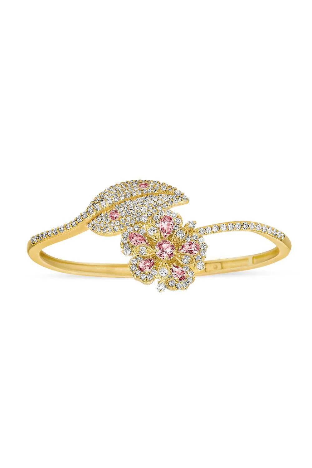 Jasmine Bloom Pink Sapphire Flower Diamond Leaf Wrap Bangle Bracelet