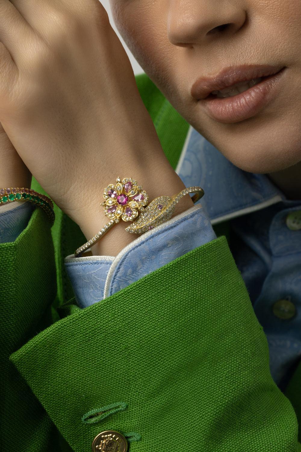 Jasmine Bloom Pink Sapphire Flower Diamond Leaf Wrap Bangle Bracelet - Image 3