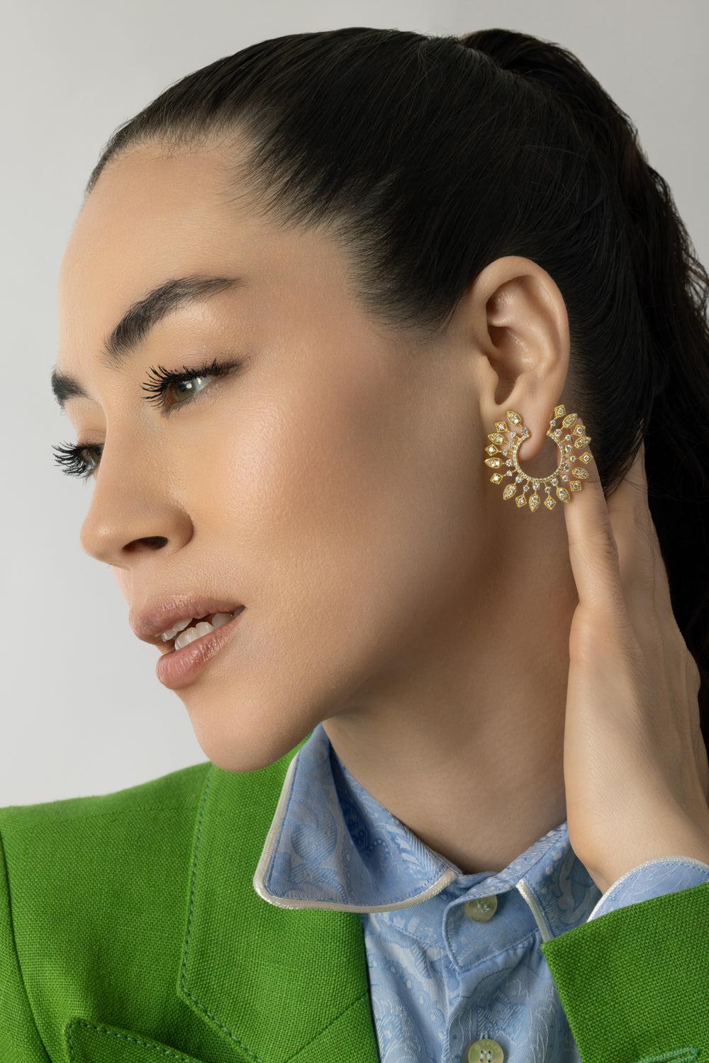 Large Sunburst Celestial Diamond Bypass Hoop Earrings - Image 2