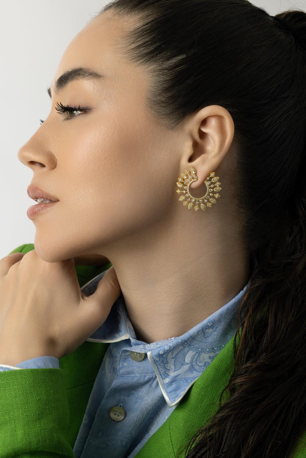 Large Sunburst Celestial Diamond Bypass Hoop Earrings - Image 4