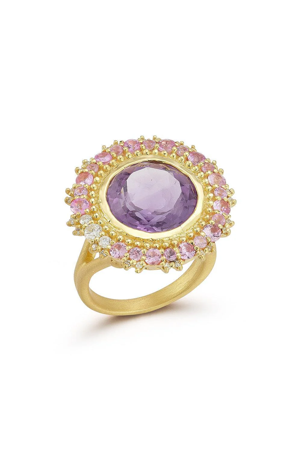 Modern Etruscan Double Sunburst Amethyst Ring
