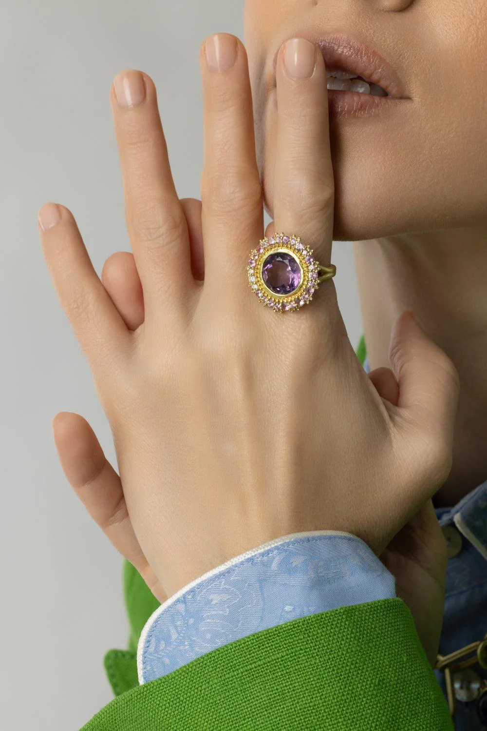 Modern Etruscan Double Sunburst Amethyst Ring - Image 2