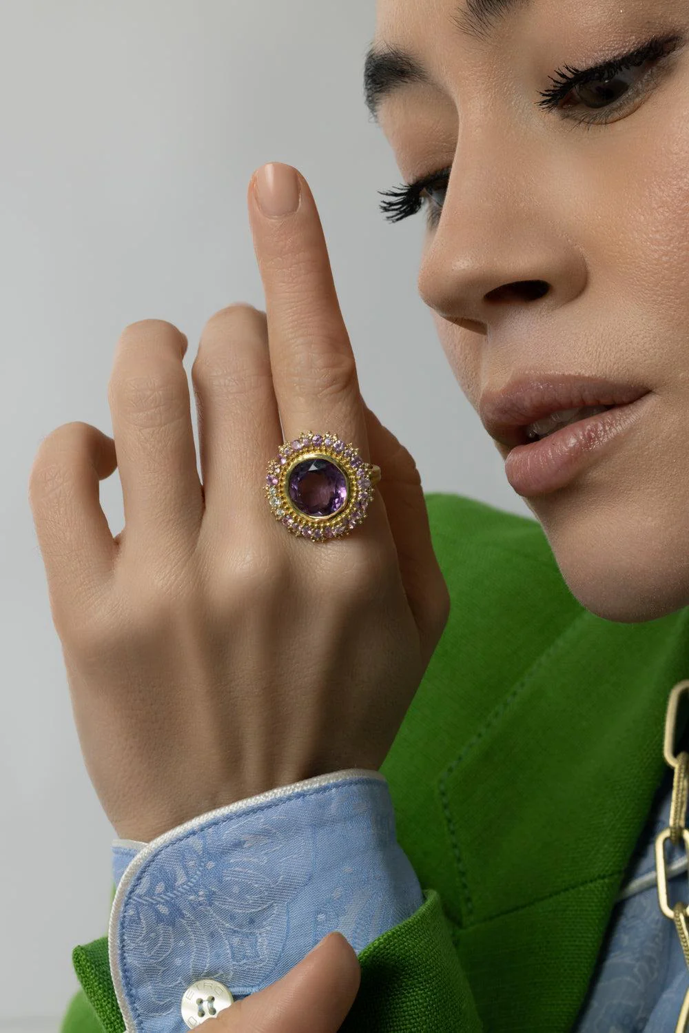 Modern Etruscan Double Sunburst Amethyst Ring - Image 3